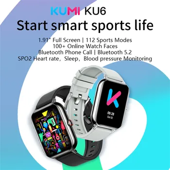 Умные часы Kumi Ku6 с диагональю 1,91 дюйма на весь экран для Android с функцией Bluetooth, водонепроницаемые смарт-часы для фитнеса с функцией измерения частоты сердечных сокращений и кислорода в крови