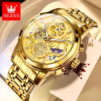 Мужские часы OLEVS, лучший бренд класса люкс, оригинальные водонепроницаемые кварцевые часы для мужчин, стиль золотого скелета, 24-часовой день и ночь, Новинка