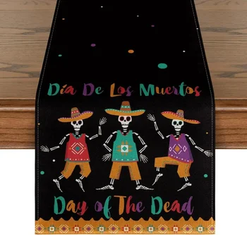 Dia De Los Muertos Сахарный Череп, Скелеты, Настольная дорожка, День Мертвых, Украшение кухонного обеденного стола, Декор для вечеринки на открытом воздухе