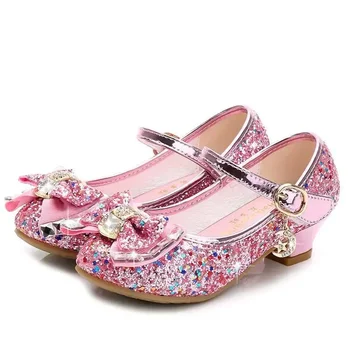 Роскошная дизайнерская детская кожаная обувь для девочек, детская свадебная обувь на высоком каблуке принцессы, модная детская студенческая обувь для вечеринок с блестками и бантом