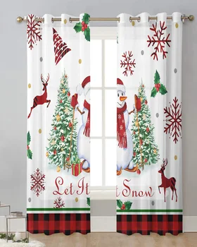 Рождественский подарок в виде Снеговика, Клетчатая занавеска с ягодным лосем, Тюлевые занавески для гостиной, Кухонные шторы для окон, Вуалевые занавески