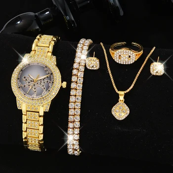 Набор золотых роскошных часов, Женское кольцо, ожерелье, Серьги, Модные наручные часы со стразами, Женские повседневные женские часы, Набор браслетов, часы