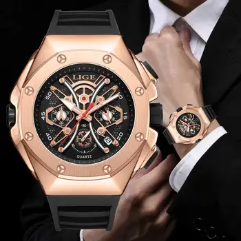 Мужские часы LIGE Skeleton, роскошные кварцевые наручные часы делового человека, спортивный силиконовый ремешок, водонепроницаемые часы с хронографом и датой для мужчин
