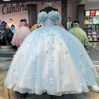 Небесно-голубое бальное платье принцессы с открытыми плечами, пышные платья для девочек, расшитые бисером вечерние платья знаменитостей, 3D цветы на выпускной.