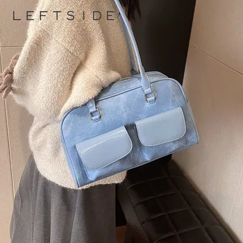 Маленькие дизайнерские сумки через плечо из искусственной кожи с двойными карманами СЛЕВА для женщин 2023 Женская сумка под мышку, Женские простые синие сумки