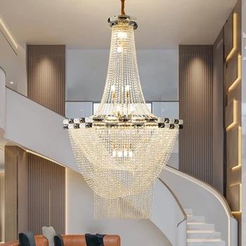 Роскошный светодиодный подвесной светильник в европейском стиле для гостиной, Хрустальная люстра, Вестибюль отеля, Вилла, Люстра для лестницы с высоким потолком