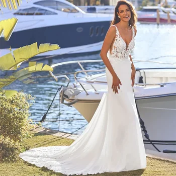 Итальянское современное белое атласное свадебное платье трапециевидной формы с V-образным вырезом и широким ремешком и кружевной аппликацией на заказ, без рукавов, Vestidos de novia на бретелях