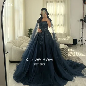 Qanz Темно-синие Роскошные вечерние платья, расшитые блестками, Бальное платье из тюля, Длинные блестящие платья Vestidos De Noche Для женщин 2023