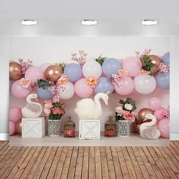 Фон для фотосъемки Розовый Воздушный шар, Цветочная Принцесса-Лебедь, Девушка на 1-й День Рождения, Торт, декор для вечеринки, Фотостудия
