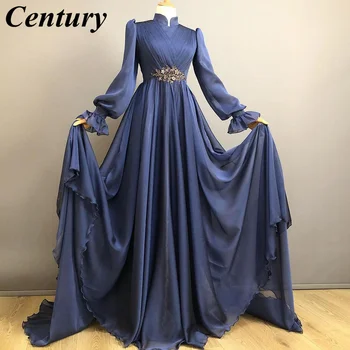 Синие вечерние платья, вечернее платье с бисером, Арабский Дубай, Мусульманский, с длинными рукавами, Марокканский Кафтан, платье для выпускного вечера, Женские вечерние платья