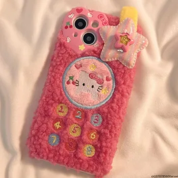 Милый Плюшевый Чехол для Телефона Sanrio Hello Kitty для iPhone 15 14 13 12 11 Pro Max Plus 15Pro С Защитой от падения, Задняя Крышка, Подарки Для девочек