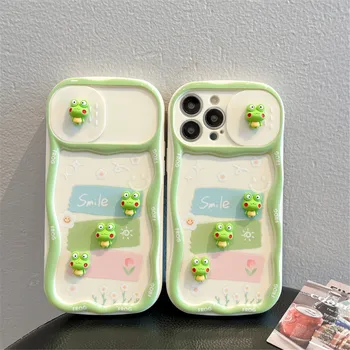3D Симпатичный мультяшный чехол для телефона Green Frog Push Window для iPhone 14 ProMax 11 12 12Pro 13 Pro Max с противоударной силиконовой задней крышкой из ТПУ
