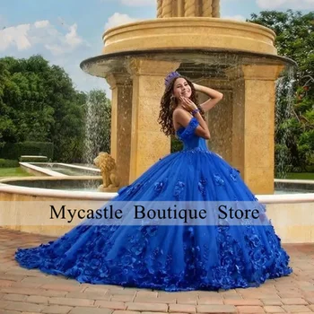 Королевские синие 3D Цветы С открытыми плечами, Бальное платье, Пышное платье 2023, Тюль, Кристаллы, Сладкое платье 16, Vestidos Para Quince