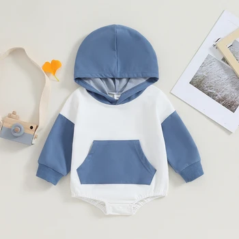 Детский комбинезон с капюшоном Контрастного цвета, боди свободного кроя с карманом, комбинезоны для новорожденных на зиму