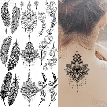 Временные татуировки черной хной Для женщин и взрослых, реалистичная татуировка с искусственным цветком Циннии в виде перьев, очаровательные татуировки на спине