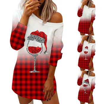 Новое женское Рождественское платье в клетку с принтом в виде бокала для вина, свободного кроя, с длинным рукавом и круглым вырезом, осенне-зимние платья, одежда Vestido