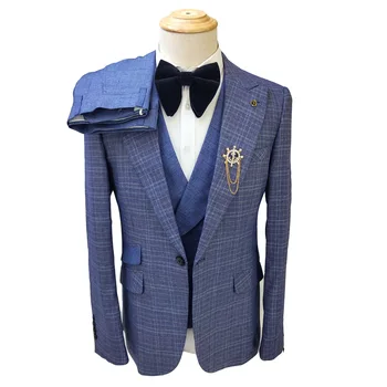 Изготовленный на заказ новейший дизайн формальных синих клетчатых свадебных костюмов мужская мода блейзеры для выпускного вечера жениха смокинги trajes de hombre costume homme 남자 양복