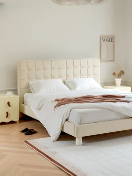 Кровать с кожаной обивкой в стиле ретро, полностью из массива дерева, безопасная и экологически чистая, кровать в главной спальне во французском кремовом стиле