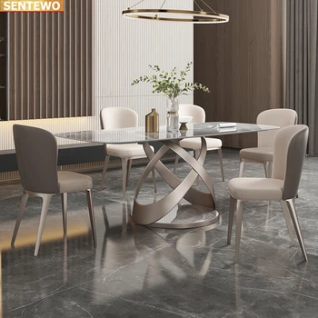 Дизайнерская роскошная столовая из мраморной плиты обеденный стол с 6 стульями mesa de jantar esstisch marbre Основание из нержавеющей стали и золота