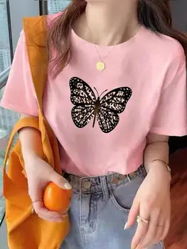 Футболка Модная летняя женская одежда с круглым вырезом и принтом в виде леопардовой бабочки, трендовая одежда с коротким рукавом, графическая футболка, футболка
