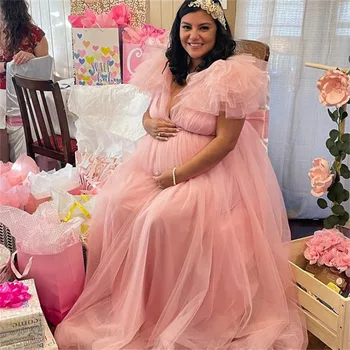 Элегантные розовые тюлевые платья для беременных для фотосессии с длинными рукавами и высоким вырезом Платье для беременных Халаты для детского душа Арабское Мусульманское платье