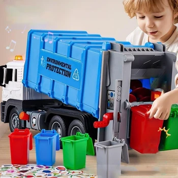 Новые детские игрушки Модель городского мусоровоза из пластика, Отлитая под заказ, Сортировка мусора, Санитарное транспортное средство, звук автомобиля, Свет, Рождественские подарки для детей