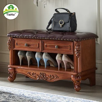 Американский винтажный табурет для обуви из массива дерева с выдвижным ящиком, роскошная скамейка для обуви в скандинавском ретро стиле, простая Деревянная пуфик для обуви, домашняя мебель