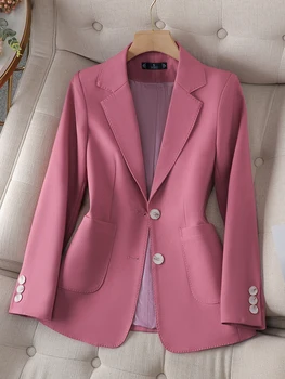 Новое поступление, осень-зима, женская верхняя одежда, Блейзер, Розовый, черный, бежевый, женский Однобортный однотонный жакет с длинным рукавом, пальто