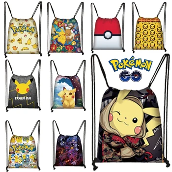 Рюкзак Pokemon Pikachu, портативная легкая водонепроницаемая сумка на шнурке, мультяшная сумка для покупок в спортзале для детей, милый карман для связок
