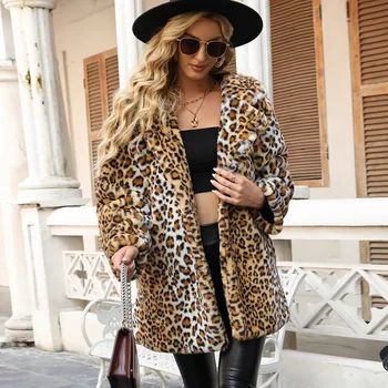 Модная женская шуба с леопардовым рисунком, Осенне-зимняя новая шуба из искусственного меха, длинная куртка, женская