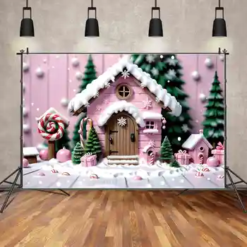 ЛУНА.QG Background Рождественский Детский Деревянный домик на заднем плане, Розовая хижина, подарки для вечеринки, Снежинка, детские украшения для фотосъемки, реквизит