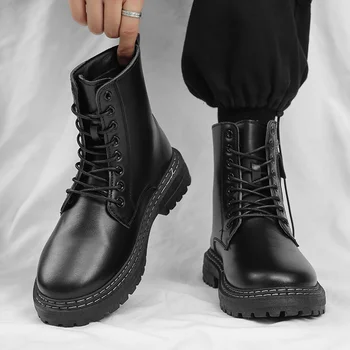 Мужские ботинки, зимние теплые кожаные, для работы на открытом воздухе, повседневная обувь, армейские резиновые ботильоны, однотонные модные ботинки