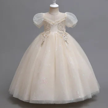 Девушка Тяжелой промышленности элегантное платье в придворном стиле, юбка с цветочным рисунком, детское свадебное платье для ужина, длинное платье с пышными рукавами #C2208