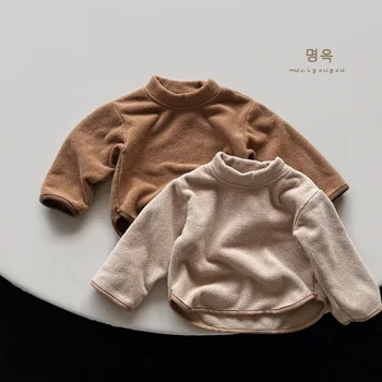 Новое поступление, осенне-зимние рубашки для маленьких мальчиков и девочек, пуловеры цвета хаки, меховые свитера, теплые детские топы, футболки, верхняя одежда