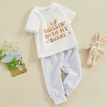 Комплект одежды из 2 предметов для маленьких мальчиков, футболка с круглым вырезом и буквенным принтом с длинными штанами, летний Пасхальный наряд