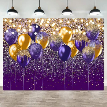 Фон для фотосъемки с фиолетовыми и золотыми блестками на день рождения, свадьбу, выпускной, фон для вечеринки с блестящими воздушными шарами