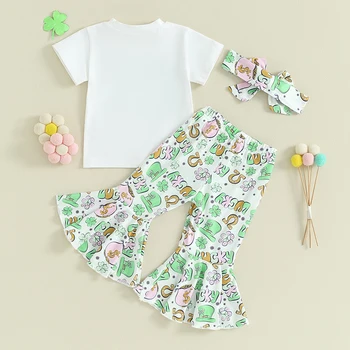 Одежда для маленьких девочек Святого Патрика, рубашка с коротким рукавом и круглым вырезом, расклешенные брюки с рисунком клевера из мультфильма, летняя одежда