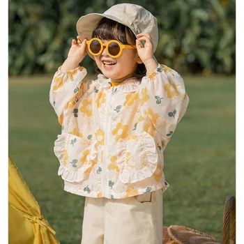 Летние модные Легкие Милые пальто с цветочным рисунком для маленьких девочек с капюшоном на молнии, детский солнцезащитный костюм, куртки на 1-10 лет