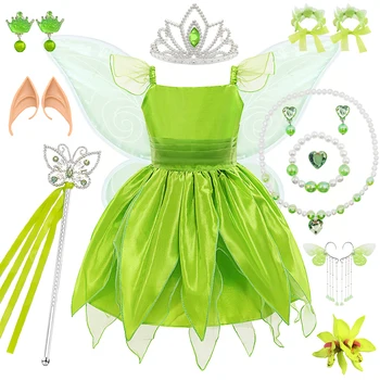 Детское платье принцессы для косплея, зеленый костюм ТинкерБелл, карнавальная вечеринка, Рождество, Хэллоуин, Одежда для девочек, наряды детских эльфов.
