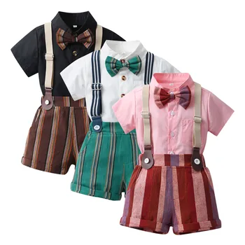 Комплекты одежды для джентльменов для маленьких мальчиков, рубашка в полоску с коротким рукавом, топы + Шорты на подтяжках + галстук, комплект официальной одежды для дня рождения детей