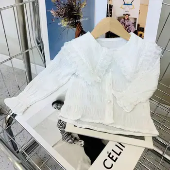 Весенне-Осенняя Белая рубашка Для девочек, Корейская Модная Универсальная Детская футболка С длинными рукавами, Хлопковая Кружевная Верхняя одежда