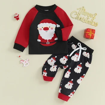 BeQeuewll 2 шт. Детские рождественские наряды, свитшоты с вышивкой Санта-Клауса и штаны, комплект теплой одежды для малышей