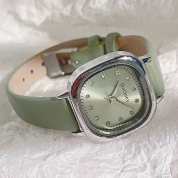Брендовые простые маленькие квадратные кварцевые часы зеленого цвета с кожаным ремешком, повседневные модные универсальные винтажные наручные часы, прямая поставка