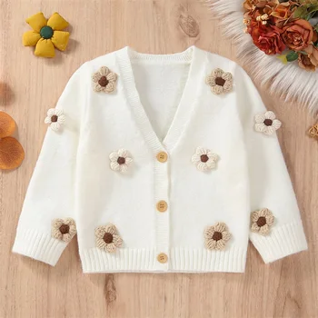 Вязаный кардиган для девочек, осенне-зимние теплые пальто для малышей, 3D цветочный декор, свитер с V-образным вырезом и длинными рукавами на пуговицах