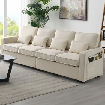 Современный 4-местный диван из льняной ткани 104 дюйма с карманами в подлокотниках и 4 подушками, диван в минималистском стиле