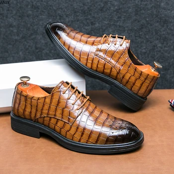 Новая обувь для мужчин, обувь из крокодиловой кожи, Модельная деловая офисная обувь, Мужские туфли-дерби для свадебной вечеринки, мужские туфли без каблуков с квадратным носком