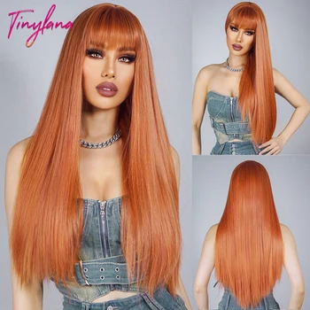 Оранжево-рыжий Длинный прямой косплей, синтетические парики с челкой для белых женщин, афро-натуральные волосы для вечеринки на Хэллоуин, Термостойкие волосы