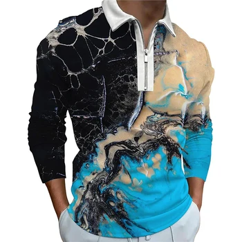 Мужская модная рубашка на пуговицах, поло с 3D принтом и изображением пейзажа маслом, рубашка с длинным рукавом на молнии.