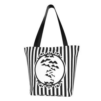 Сумка для покупок в полоску с летучими мышами на Хэллоуин, женская сумка для покупок в готическом стиле, оккультная Ведьма, холщовая сумка для покупок, сумка большой емкости