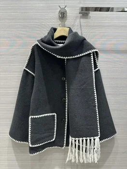 Горячая распродажа, шерстяная модная женская куртка 2023, осень-зима, высококачественное пальто-шарф с длинным рукавом и кисточками